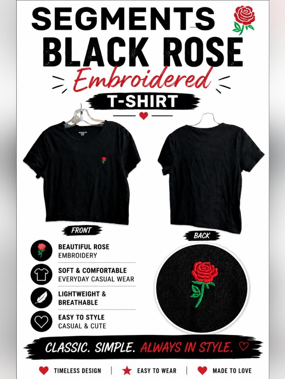 Segments Black Rose Embroidered T-Shirt Women's Short Sleeve Casual Tee